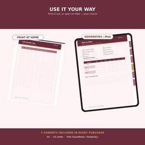 K&ouml;nnte beinhalten: Ein digitales Gesundheitsplaner-Set mit einer Laborergebnis-Protokollseite zum Ausdrucken und einer Haar- und Haut-Symptom-Tracker-Seite f&uuml;r das iPad zur Nutzung mit GoodNotes oder Notability, gestaltet in den Farben Kastanienbraun und Wei&szlig;.