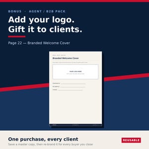Puede incluir: Una plantilla de documento digital titulada Branded Welcome Cover sobre un fondo crema. Incluye un cuadro de marcador de posici&oacute;n para un logotipo, l&iacute;neas para Presented to, By y Contact, y el texto Your logo here. El dise&ntilde;o es limpio y profesional.