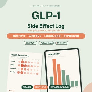 以下が含まれることがあります： GLP-1副作用ログのデジタルプランナー。週次症状ログとパターンファインダーチャートが含まれています。テキストにはNEXUXCO、GLP-1 COLLECTION、OZEMPIC、WEGOVY、MOUNJARO、ZEPBOUND、16 PAGES、PRINT + IPAD、INSTANT DOWNLOADと記載されています。