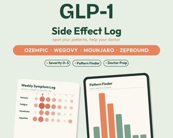 GLP-1 Side Effect Tracker Printable | Ozempic Wegovy Mounjaro Zepbound Symptom Log | Semaglutide Weekly Injection Diary + iPad