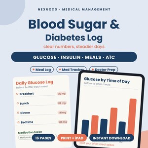 Puede incluir: Un registro digital de az&uacute;car en sangre y diabetes de NEXUXCO con secciones para glucosa, insulina, comidas y A1C. Incluye un registro diario de glucosa para desayuno, almuerzo, cena y hora de dormir, adem&aacute;s de un gr&aacute;fico de barras de glucosa.