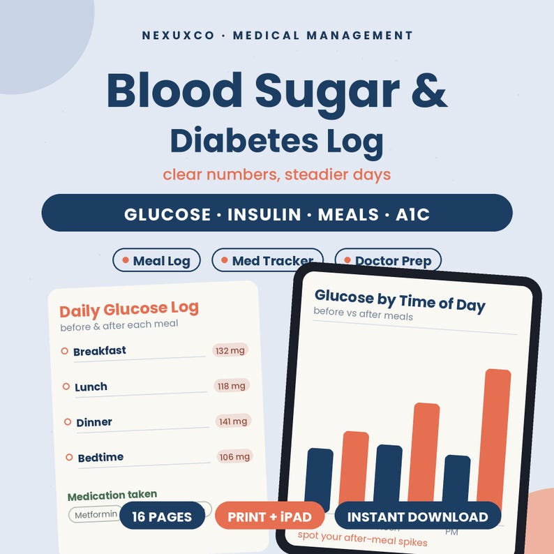 Puede incluir: Un registro digital de az&uacute;car en sangre y diabetes de NEXUXCO con secciones para glucosa, insulina, comidas y A1C. Incluye un registro diario de glucosa para desayuno, almuerzo, cena y hora de dormir, adem&aacute;s de un gr&aacute;fico de barras de glucosa.