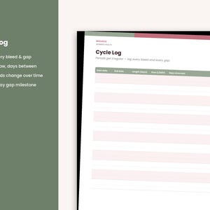 May include: A printed cycle log page featuring a header with the text Cycle Log and Periods get irregular - log every bleed and every gap. The table includes columns for start date, end date, length, flow, and days since last with pink rows.