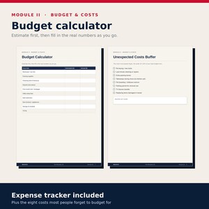 Puede incluir: Una plantilla de calculadora de presupuesto digital de dos p&aacute;ginas. La p&aacute;gina izquierda muestra una tabla para art&iacute;culos de costo con columnas estimadas y reales. La p&aacute;gina derecha es una lista de verificaci&oacute;n para gastos inesperados.
