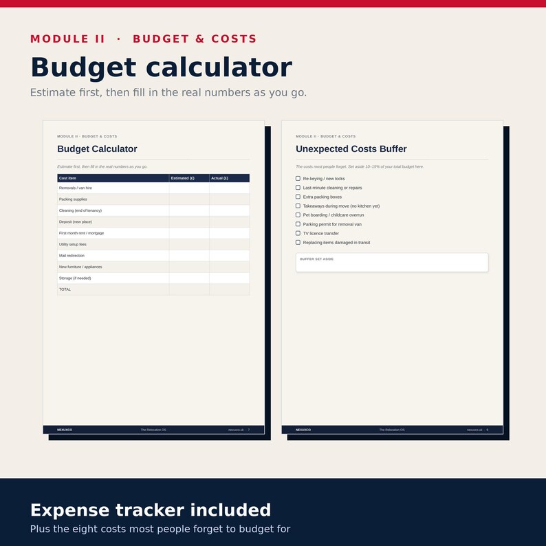 Puede incluir: Una plantilla de calculadora de presupuesto digital de dos p&aacute;ginas. La p&aacute;gina izquierda muestra una tabla para art&iacute;culos de costo con columnas estimadas y reales. La p&aacute;gina derecha es una lista de verificaci&oacute;n para gastos inesperados.