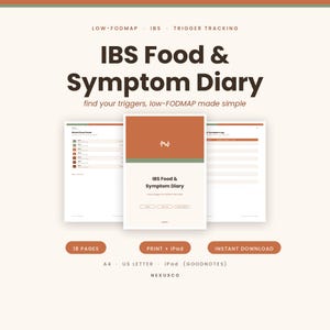 May include: An IBS Food & Symptom Diary digital planner with 18 pages, compatible with A4, US Letter, and iPad GoodNotes. The cover features a rust-orange and green color scheme with the text IBS Food & Symptom Diary and find your triggers.