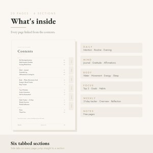 Peut inclure: Une mise en page de planificateur num&eacute;rique avec 20 pages et 6 sections. La page de contenu liste les cat&eacute;gories daily, mind, body, focus, weekly et notes. Six onglets lat&eacute;raux sont visibles. Texte inclus : What's inside, Every page linked.