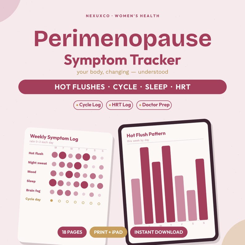 May include: A Perimenopause Symptom Tracker document featuring a Weekly Symptom Log with circular data points and a Hot Flush Pattern bar chart. The design uses maroon text and graphics on a light pink background, including sections for Cycle Log, HRT Log, and Doctor Prep.