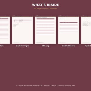 Op de afbeelding: Een digitale planner-set getiteld WHAT'S INSIDE met 30 pagina's verdeeld over 5 modules. Het toont vijf verschillende sjablonen genaamd BBT Chart, Ovulation Signs, OPK Log, Fertile Window en Cycle Summary, plus een lijst van Cervical Mucus Scale, Symptom Log, Nutrition, Lifestyle, Checklist en Specialist Prep.