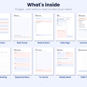 K&ouml;nnte beinhalten: Ein digitales Planer-Set mit zehn verschiedenen wei&szlig;en Seiten mit dunkelblauem Text sowie hellblauen und rosafarbenen Akzenten. Die Seiten sind betitelt mit Start Here, Brain Dump, Break It Down, Today, Low Energy Day, Time Blocking, Dopamine Menu, Ta-Da List, Weekly Reset und Habit Tracker.