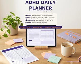 ADHD女性向けデイリープランナー（印刷可能）｜神経発達障害のある方のためのデイリーオーガナイザー｜ブレインダンプ、ドーパミンメニュー、タダリスト｜印刷＋iPad