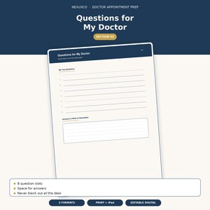 以下が含まれることがあります： Questions for My Doctorというタイトルのデジタルプランナーページ。ダークブルーのヘッダー、8つの質問用番号付き行、回答用ボックスがあります。テキストにはNEXUXCO - DOCTOR APPOINTMENT PREP、SECTION 02が含まれています。
