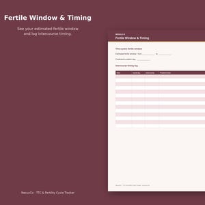 Op de afbeelding: Een digitale vruchtbaarheidstracker-pagina getiteld Fertile Window & Timing met een bordeauxrode achtergrond. Het document bevat velden voor het geschatte vruchtbare venster, de verwachte ovulatiedag en een tabel om de timing bij te houden.