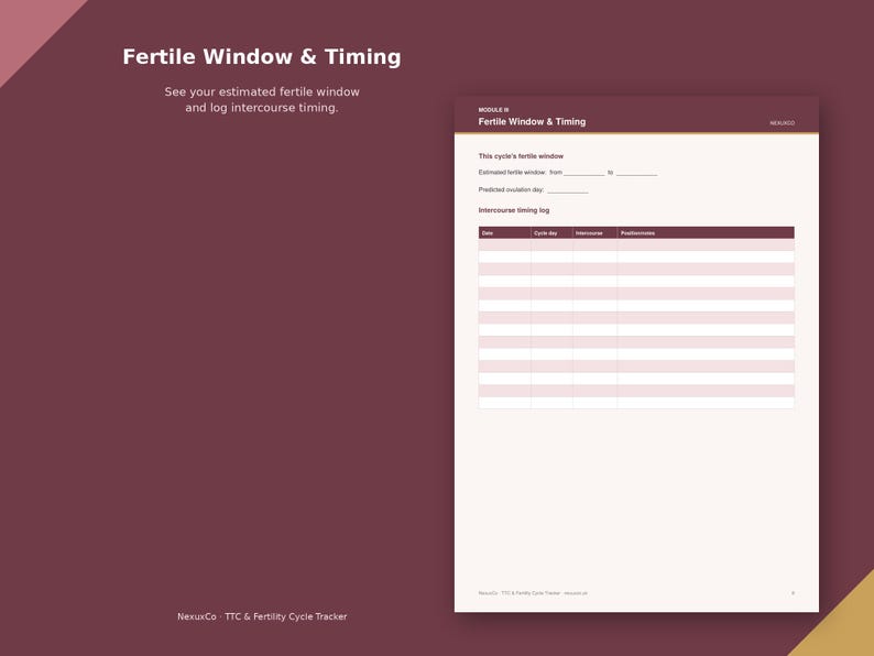 Op de afbeelding: Een digitale vruchtbaarheidstracker-pagina getiteld Fertile Window & Timing met een bordeauxrode achtergrond. Het document bevat velden voor het geschatte vruchtbare venster, de verwachte ovulatiedag en een tabel om de timing bij te houden.