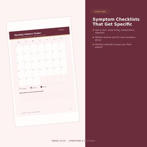 K&ouml;nnte beinhalten: Eine Symptom-Tracker-Seite mit dem Titel Monthly Pattern Finder, einem Kalenderraster, einer farbcodierten Legende f&uuml;r Energie, Gehirnnebel und Krankheitssch&uuml;be sowie einem Notizbereich. Rechts sind Symptom Checklists That Get Specific aufgelistet.