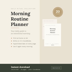 Peut inclure: Un planificateur de routine matinale num&eacute;rique de la collection Daily Ritual, comprenant 20 pages au format A4. Le document inclut des onglets hyperli&eacute;s, est compatible avec GoodNotes et est disponible en t&eacute;l&eacute;chargement imm&eacute;diat au format PDF.