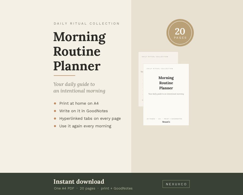 Peut inclure: Un planificateur de routine matinale num&eacute;rique de la collection Daily Ritual, comprenant 20 pages au format A4. Le document inclut des onglets hyperli&eacute;s, est compatible avec GoodNotes et est disponible en t&eacute;l&eacute;chargement imm&eacute;diat au format PDF.