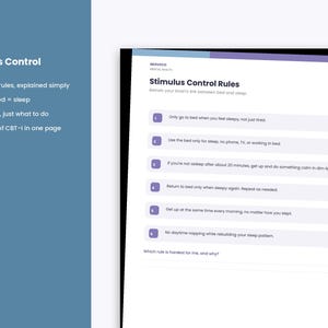 Op de afbeelding: Een witte informatiepagina getiteld Stimulus Control Rules met zes genummerde paarse vakken met instructies voor slaaphygi&euml;ne. De tekst bevat richtlijnen zoals alleen naar bed gaan als je slaperig bent en overdag niet dutten om het slaappatroon te herstellen.