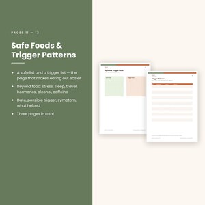May include: A three-page digital planner set titled Safe Foods & Trigger Patterns. The pages feature sections for safe foods, trigger foods, and a table for tracking trigger patterns including date, trigger, symptom, and relief methods.