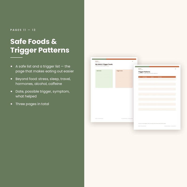 May include: A three-page digital planner set titled Safe Foods & Trigger Patterns. The pages feature sections for safe foods, trigger foods, and a table for tracking trigger patterns including date, trigger, symptom, and relief methods.