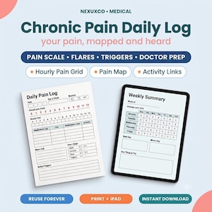Pode incluir: Um conjunto de planejador digital Chronic Pain Daily Log com uma folha de registro di&aacute;rio impressa e um tablet exibindo um resumo semanal. O texto inclui cabe&ccedil;alhos como Pain Scale, Flares, Triggers, Doctor Prep, Hourly Pain Grid e Pain Map.