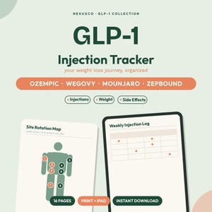 K&ouml;nnte beinhalten: Ein digitales GLP-1 Injektions-Tracking-Dokument mit einer Rotationskarte f&uuml;r Injektionsstellen, einem w&ouml;chentlichen Injektionsprotokoll und Beschriftungen f&uuml;r Ozempic, Wegovy, Mounjaro und Zepbound sowie Abschnitten f&uuml;r Gewicht und Nebenwirkungen.