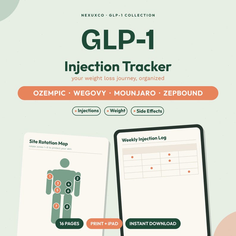 K&ouml;nnte beinhalten: Ein digitales GLP-1 Injektions-Tracking-Dokument mit einer Rotationskarte f&uuml;r Injektionsstellen, einem w&ouml;chentlichen Injektionsprotokoll und Beschriftungen f&uuml;r Ozempic, Wegovy, Mounjaro und Zepbound sowie Abschnitten f&uuml;r Gewicht und Nebenwirkungen.