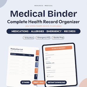Puede incluir: Un organizador m&eacute;dico digital con el texto NEXUXCO MEDICAL, Medical Binder, Complete Health Record Organizer y secciones para medicamentos, alergias, emergencias y registros. Incluye una lista de medicamentos y un formulario de emergencia.