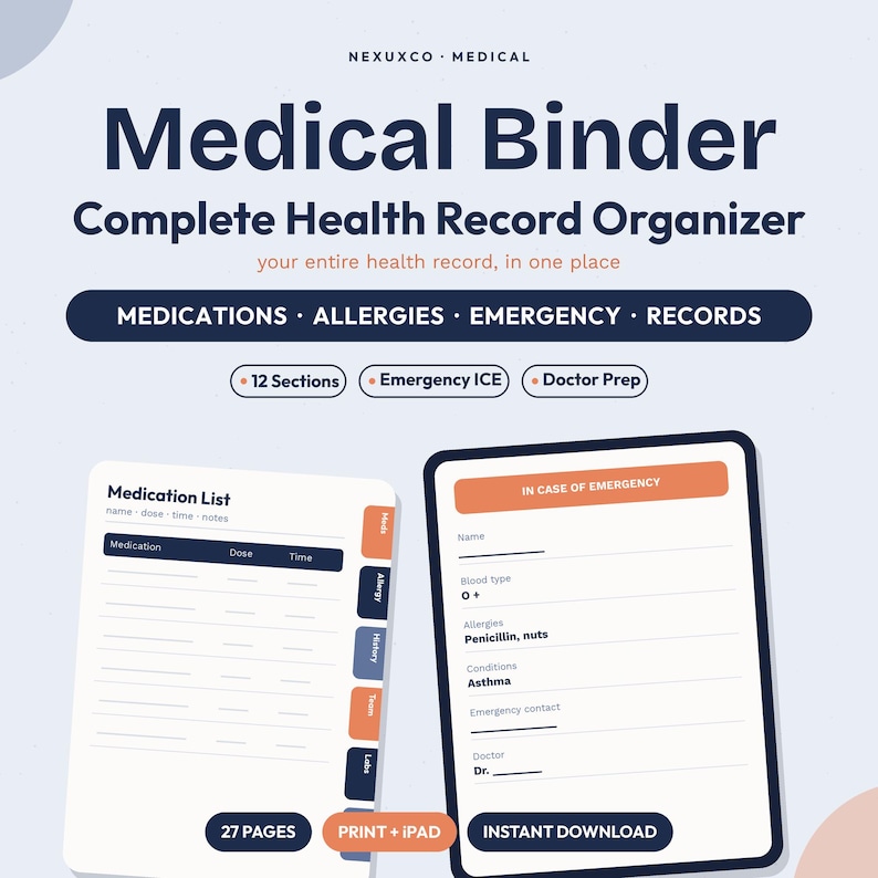 Puede incluir: Un organizador m&eacute;dico digital con el texto NEXUXCO MEDICAL, Medical Binder, Complete Health Record Organizer y secciones para medicamentos, alergias, emergencias y registros. Incluye una lista de medicamentos y un formulario de emergencia.