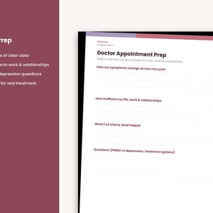 K&ouml;nnte beinhalten: Eine wei&szlig;e Planerseite mit der &Uuml;berschrift Doctor Appointment Prep und Abschnitten zur Erfassung von Symptomen, Auswirkungen auf das Leben, ausprobierten Behandlungen und Fragen. Links befindet sich eine kastanienbraune Seitenleiste.