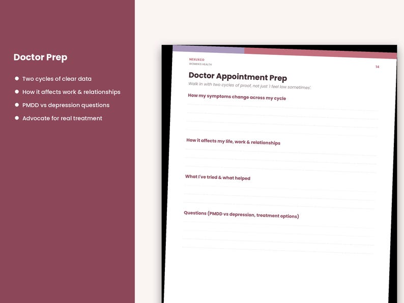 K&ouml;nnte beinhalten: Eine wei&szlig;e Planerseite mit der &Uuml;berschrift Doctor Appointment Prep und Abschnitten zur Erfassung von Symptomen, Auswirkungen auf das Leben, ausprobierten Behandlungen und Fragen. Links befindet sich eine kastanienbraune Seitenleiste.
