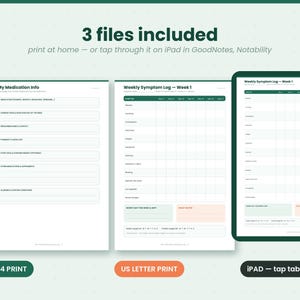 以下が含まれることがあります： 3つのファイルを含むデジタル健康管理プランナーセット。My Medication Infoシート、週間症状ログ、およびタップ可能なタブ付きのiPad用バージョンが含まれており、薬の情報や日々の症状を記録するための項目が記載されています。