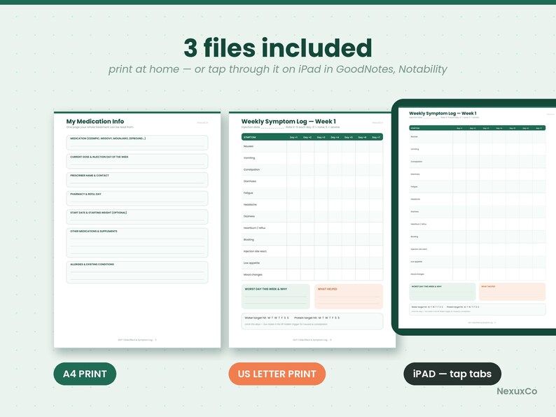 以下が含まれることがあります： 3つのファイルを含むデジタル健康管理プランナーセット。My Medication Infoシート、週間症状ログ、およびタップ可能なタブ付きのiPad用バージョンが含まれており、薬の情報や日々の症状を記録するための項目が記載されています。