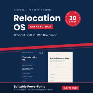 Puede incluir: Una plantilla digital Relocation OS Agent Edition de 30 p&aacute;ginas en formato PowerPoint. El dise&ntilde;o en azul oscuro y rojo incluye una portada de bienvenida, una gu&iacute;a de 30 p&aacute;ginas para mudanzas internacionales y dise&ntilde;os editables en A4.