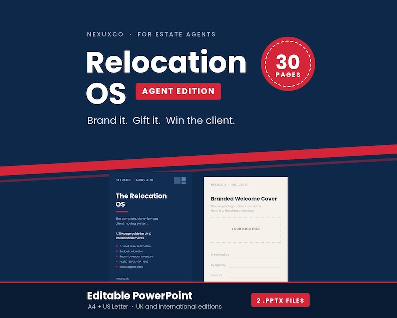 Puede incluir: Una plantilla digital Relocation OS Agent Edition de 30 p&aacute;ginas en formato PowerPoint. El dise&ntilde;o en azul oscuro y rojo incluye una portada de bienvenida, una gu&iacute;a de 30 p&aacute;ginas para mudanzas internacionales y dise&ntilde;os editables en A4.