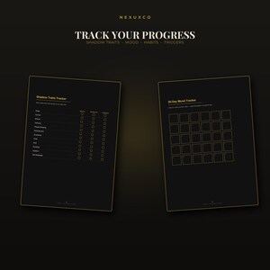 May include: Two black pages with gold text and outlines. The left page is a Shadow Traits Tracker with a list of traits and checkboxes. The right page is a 30-Day Mood Tracker with a grid of numbered squares. The top text reads TRACK YOUR PROGRESS.