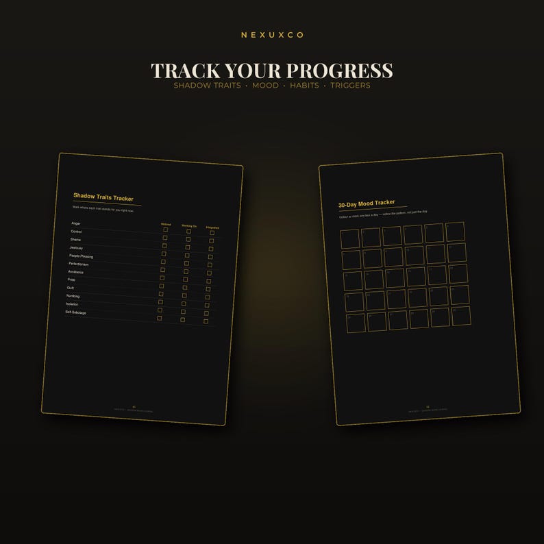 May include: Two black pages with gold text and outlines. The left page is a Shadow Traits Tracker with a list of traits and checkboxes. The right page is a 30-Day Mood Tracker with a grid of numbered squares. The top text reads TRACK YOUR PROGRESS.