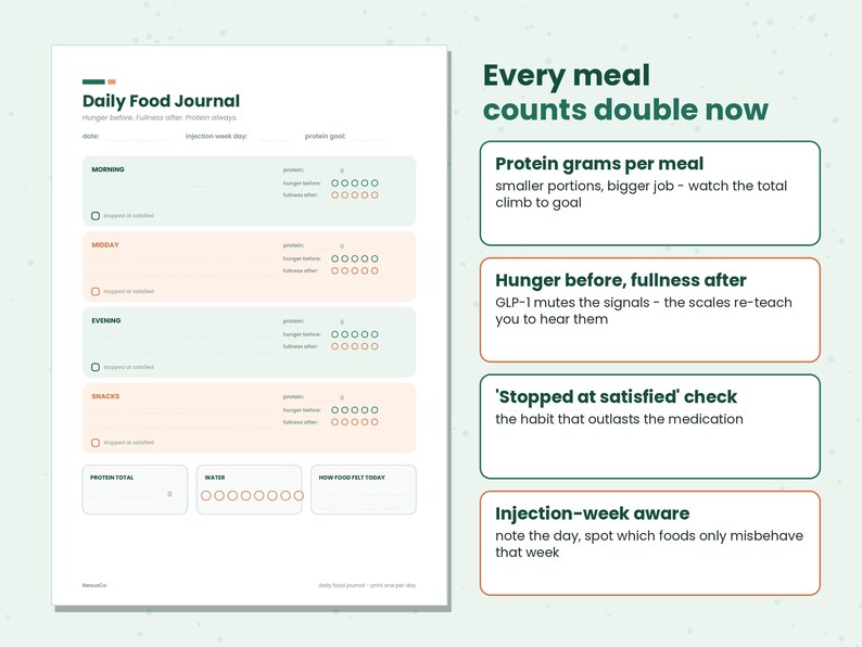 GLP-1 Food & Protein Journal | Ozempic Wegovy Mounjaro Zepbound Meal Tracker | Semaglutide Hunger Log + Protein Cheat Sheet Printable image 5
