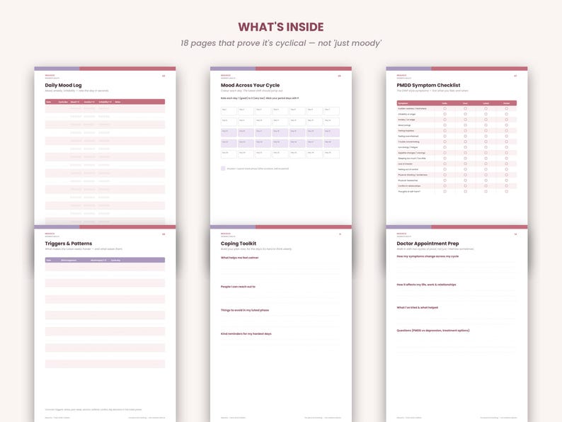 K&ouml;nnte beinhalten: Eine Sammlung von sechs gedruckten Seiten mit der &Uuml;berschrift WHAT'S INSIDE, die Abschnitte f&uuml;r Daily Mood Log, Mood Across Your Cycle, PMDD Symptom Checklist, Triggers & Patterns, Coping Toolkit und Doctor Appointment Prep mit Tabellen enthalten.