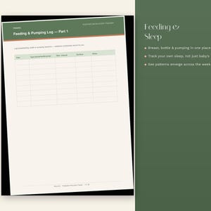 Op de afbeelding: Een geprint voedings- en kolflogboekblad met een groene koptekst met de tekst Feeding & Pumping Log - Part 1. De pagina bevat een tabel met kolommen voor tijd, type, kant/hoeveelheid, duur en notities. Rechts staat tekst over het bijhouden van voeding en slaap.