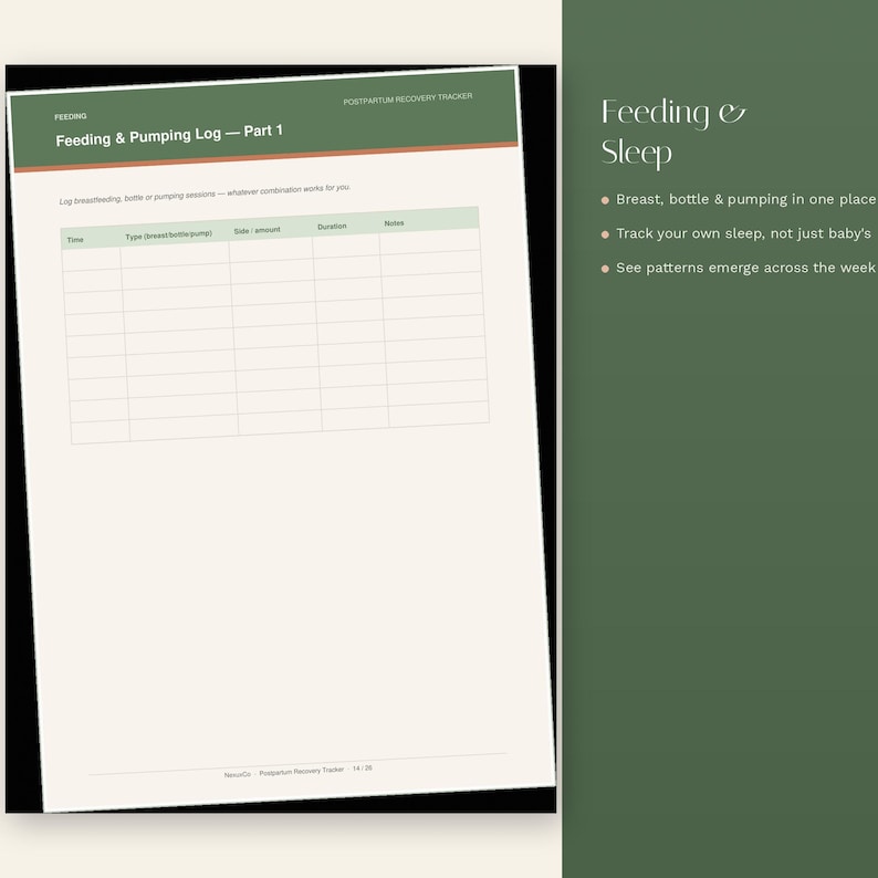Op de afbeelding: Een geprint voedings- en kolflogboekblad met een groene koptekst met de tekst Feeding & Pumping Log - Part 1. De pagina bevat een tabel met kolommen voor tijd, type, kant/hoeveelheid, duur en notities. Rechts staat tekst over het bijhouden van voeding en slaap.