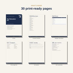 Pu&ograve; includere: Un set di documenti digitali intitolato The Relocation OS con 30 pagine pronte per la stampa. Il layout include una copertina, una cronologia inversa di 8 settimane, un calcolatore di budget, una lista di controllo e moduli fiscali.