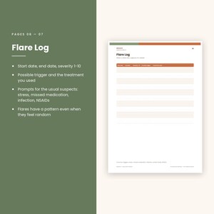 Pu&ograve; includere: Una pagina di carta bianca intitolata Flare Log con una barra di intestazione in verde e arancione. La pagina presenta una tabella con colonne per data di inizio, data di fine, gravit&agrave; 1-10, possibile trigger e trattamento utilizzato.