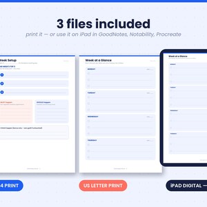 May include: A digital planner set featuring three files: a Week Setup page, a Week at a Glance page, and an iPad digital version with tap tabs. The layouts are white with blue text and headers, including sections for top priorities, tasks, and schedules.