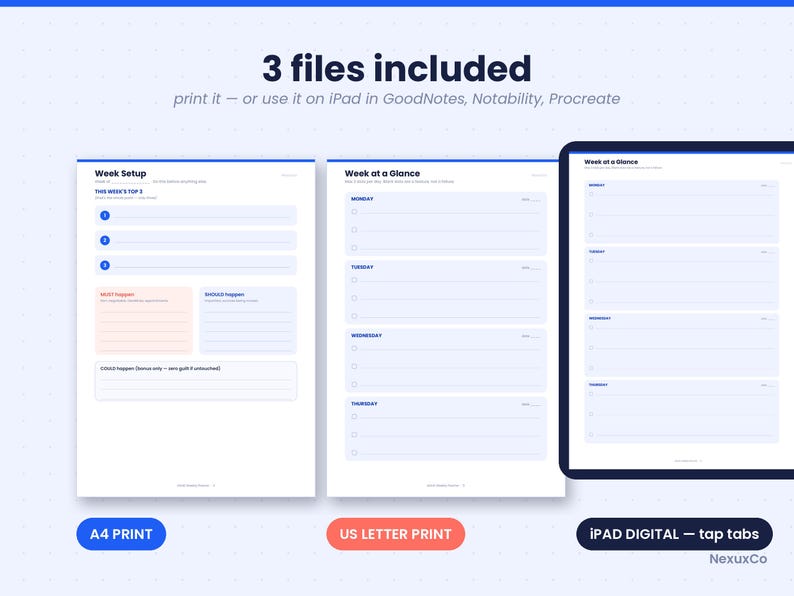 May include: A digital planner set featuring three files: a Week Setup page, a Week at a Glance page, and an iPad digital version with tap tabs. The layouts are white with blue text and headers, including sections for top priorities, tasks, and schedules.