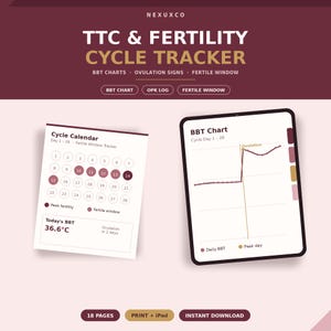 Op de afbeelding: Een digitale TTC & Fertility Cycle Tracker planner met een cycluskalender van 28 dagen, een BBT-grafiek en ovulatietracking. De lay-out bevat tekstlabels voor BBT-grafieken, OPK-logs en vruchtbare vensters, met een temperatuurmeting van 36,6&deg;C.