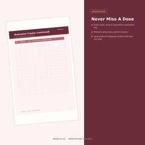 K&ouml;nnte beinhalten: Eine Medikamenten-Tracker-Seite mit einer kastanienbraunen Kopfzeile mit der Aufschrift Medication Tracker (continued) und einem Raster f&uuml;r Datum, Dosis und Notizen. Rechts stehen die Texte Medication, Never Miss A Dose und Funktionen.