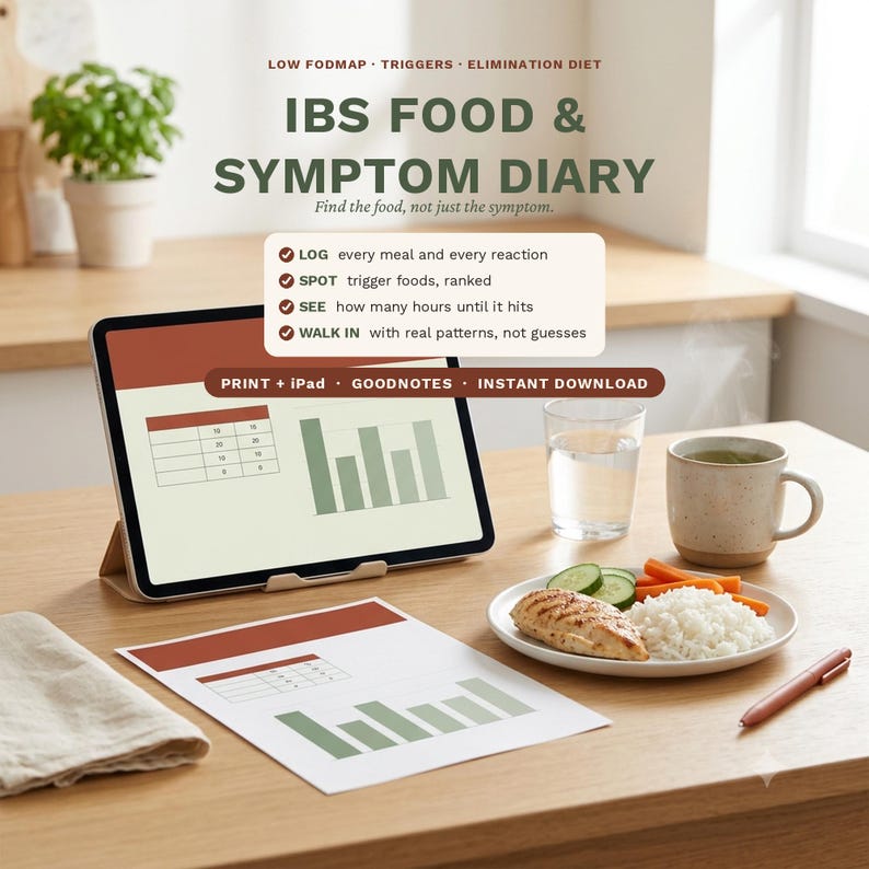 May include: An IBS Food & Symptom Diary digital planner displayed on a tablet and printed paper. The screen shows a data table and bar chart. Text includes: LOW FODMAP, TRIGGERS, ELIMINATION DIET, IBS FOOD & SYMPTOM DIARY, PRINT + IPAD, GOODNOTES.