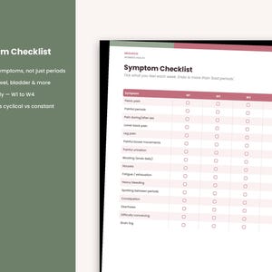 May include: A white paper symptom checklist page with a maroon header and table. The text reads Symptom Checklist, Tick what you feel each week. Endo is more than bad periods. The table lists symptoms like pelvic pain, bloating, and fatigue.
