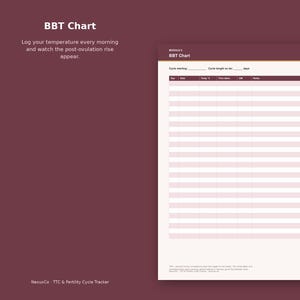 Op de afbeelding: Een BBT Chart tracker-pagina met een donker kastanjebruine koptekst en lichtroze rijen. De tekst luidt BBT Chart, Cycle starting, Cycle length en kolommen voor Day, Date, Temp, Time taken, CM en Notes. De pagina bevat instructies voor het loggen van temperaturen.